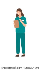 Positive female doctor holding clipboard and pen isolated on white. Happy woman writing recipe or register working at clinic vector flat illustration. Medical staff in uniform