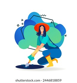 Positive female gardener gathering soil. Young woman working with shovel outdoors flat vector illustration. Gardening, outdoor activity, hobby concept for banner, website design or landing web page
