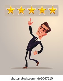 Positive five star feedback. Rating. Office worker businessman character. Vector flat cartoon illustration