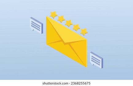 Positives Fünf-Sterne-Feedback, um Kundenzufriedenheit zu zeigen. Konzept der Kundenüberprüfung.auf blauem Hintergrund.3D-Design.isometrische Vektordesign-Illustration.