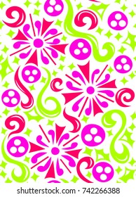 Positive floral colorful vector pattern. Seamless bright picture with abstract flowers, spiral leaves and small stars. Good for design of fabrics, surfaces for children or family use.