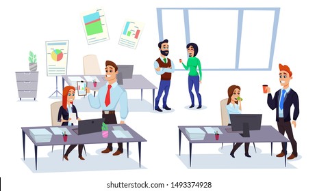 Positive and friendly atmosphere in the office, office workers men and women communicate with each other at the workplace, surrounded by desks with computers and graphs.