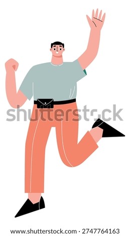 Positive friendly guy running and greeting hand gesture