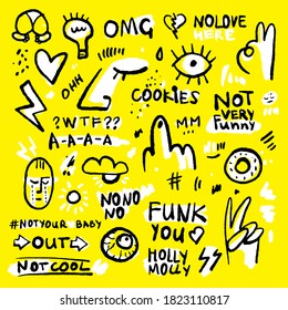 Positive and funny doodle sticker set in black, yellow and white colors. Hand drawn stickers with donut, eye, hearts, lettering and human face. Ink hand-drawned stickers for clothes and merch