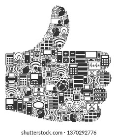 Positive Gesture collage icon done for bigdata and computing illustrations. Vector positive gesture mosaics are organized from computer, calculator, connections, wi-fi, network,