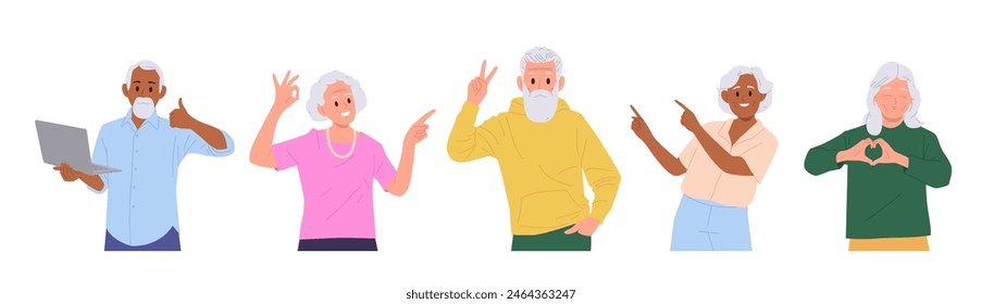 Positive gesture of elderly people cartoon male and female characters set isolated on white