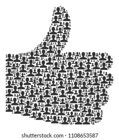 Positive gesture figure constructed from customer objects in variable sizes. Abstract vector thumb finger up concept. Customer icons are grouped into proceed symbol shape.