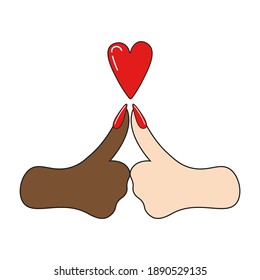 Un gesto positivo con corazón. Una mano oscura y clara es un símbolo de amistad. Vector aislado. Cruzar los dedos. Se puede usar en diseño web como afiche, banner, postal.