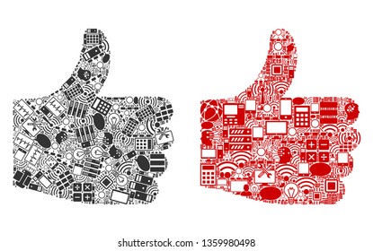 Positive Gesture mosaic icons organized for bigdata illustrations. Vector positive gesture mosaics are organized from computer, calculator, connections, wi-fi,