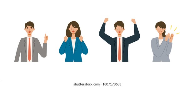 Positive gestured businessman and woman in suits. Different people smiles set. Isolated vector illustration icons set in flat style. 