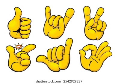 Positive gestures set with fingers. Hard rock horns, peace or victory, easy snap, shaka, okay signs. Vector cartoon templates on transparent background