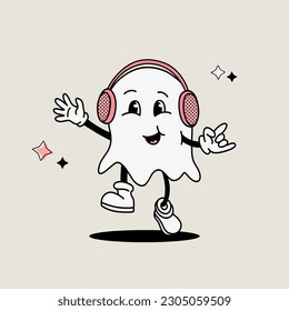 Positive ghost dancing in headphones,  groovy halloween ghost mascot in vintage style