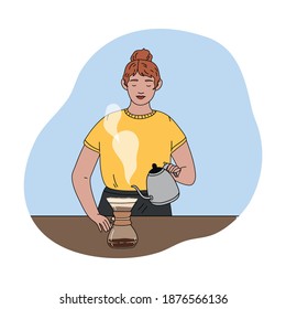 Positive girl barista pouring water and brewing black coffee
