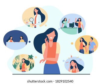 Positive girl and her life memories isolated flat vector illustration. Cartoon woman thinking about important past scenes. Psychology, youth and personality concept