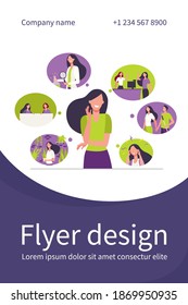 Positive girl and her life memories isolated flat vector illustration. Cartoon woman thinking about important past scenes. Psychology, youth and personality concept