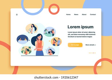 Positive girl and her life memories isolated flat vector illustration. Cartoon woman thinking about important past scenes. Psychology, youth and personality concept