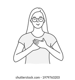 Positive girl holds his hands on his chest with closed eyes, expressing gratitude. Hand drawn vector illustration.