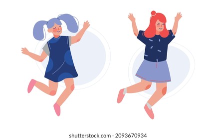 Positive Girl Jumping with Joy and Excitement Rejoicing Vector Set