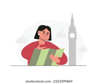 Positive girl looking at route on paper map in front of big ben. Visiting sightseeing during holidays. Time for traveling abroad. Vector flat style illustration