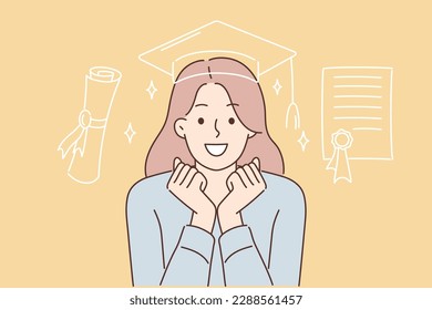 Positive girl student in graduate hat celebrating successful passing exams. Young woman who received graduate diploma rejoices at successful graduation from university and acquisition of profession 