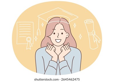 Positive girl student in graduate hat celebrating successful passing exams. Young woman who received graduate diploma rejoices at successful graduation from university and acquisition of profession
