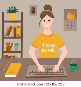 Positive girl is working before computer, typing text on keyboard. Modern business, lifestyle or educational concept. Vector illustration with beautiful young woman. Office work at home or freelance.