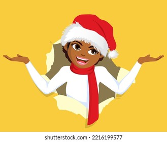 Positive glad woman wearing Christmas hat with exciting and amazed face expression on yellow copy space with open hand. Female person in a paper hole popping out