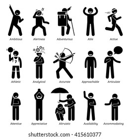 Positive Good Personalities Character Traits. Stick Figures Man Icons . Starting with the Alphabet A.