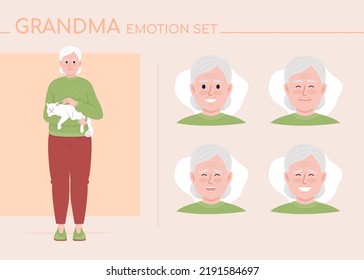 Positive grandma semi flat color character emotions set. Editable facial expressions. Happiness vector style illustration for motion graphic design and animation. Comfortaa font used