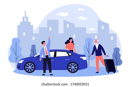 Positive Grandpa Going On Vacation. Old Man Walking To Car And Wheeling Suitcase Flat Vector Illustration. Car Sharing Or Senior Parents Support Concept For Banner, Website Design Or Landing Web Page