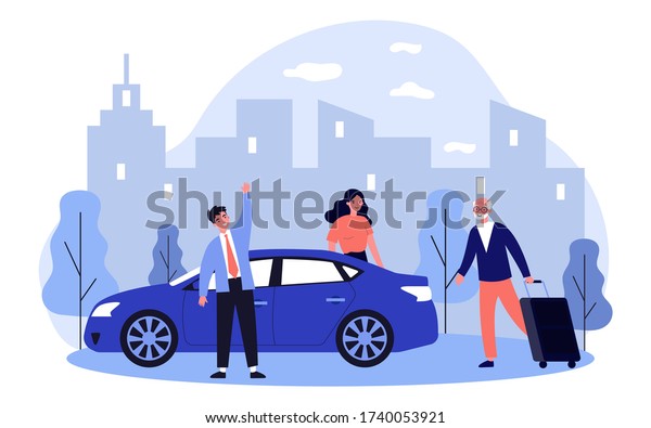 Positive grandpa going on vacation. Old man walking\
to car and wheeling suitcase flat vector illustration. Car sharing\
or senior parents support concept for banner, website design or\
landing web page