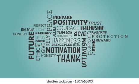 POSITIVE GREY WORD CLOUD OVER BLUE BACKGROUND