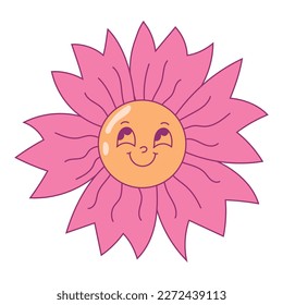 Positive groovy flower character. Funny hand drawn floral retro vector illustration. Flower with smile and eyes for kids, poster, party, print, decoration