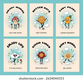 Positive groovy funky comic interior poster set. Retro cartoon psychedelic card collection with flower, sun, cloud, stars, nature characters, gradient. 60s, 70s, 80s hippie vector illustrations.
