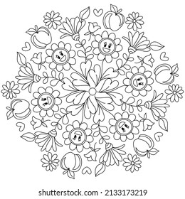 Positive, groovy Mandala colouring. Hand drawn coloring page for kids and adults. Beautiful drawing with patterns and small details. Coloring book pictures. Botany, flowers, herbs, leaves