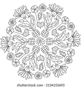 Positive, groovy Mandala colouring. Hand drawn coloring page for kids and adults. Beautiful drawing with patterns and small details. Coloring book pictures. Botany, flowers, herbs, leaves