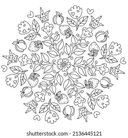 Positive, groovy Mandala colouring. Hand drawn coloring page for kids and adults. Beautiful drawing with patterns and small details. Coloring book pictures. Botany, flowers, herbs, leaves