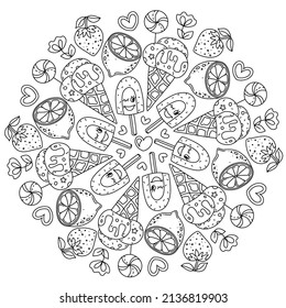 Positive, groovy Mandala colouring. Hand drawn coloring page for kids and adults. Beautiful drawing with patterns and small details. Coloring book pictures. Botany, flowers, herbs, leaves