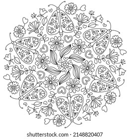 Positive, groovy Mandala colouring. Hand drawn coloring page for kids and adults. Beautiful drawing with patterns and small details. Coloring book pictures. Botany, flowers, herbs, leaves