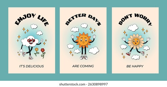 Positive groovy retro cartoon poster set. Funky comic psychedelic poster collection with flower, sun, cloud, nature characters. 60s, 70s, 80s hippie vector illustrations.
