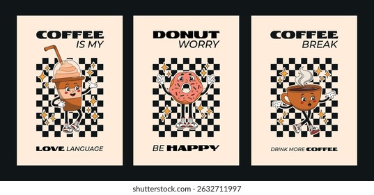 Positive groovy retro cartoon poster, card set with funky comic donut, cup of coffee character with smiling face. 60s, 70s, 80s hippie vector illustration for cafe, bar, coffee shop, restaurant.
