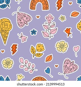Patrón positivo de verano sin foco Groovy con pegatinas hippie. estilo de los años 60 y 70. Relajación, patrón de dibujos retro. Fondo, papel pintado, diseño textil para niños, niños