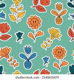 Positive, Groovy Seamless summer  pattern with hippie stickers. 60s, 70s style. Relaxation, retro cartoon pattern. Background, wallpaper, textile design for children, kids