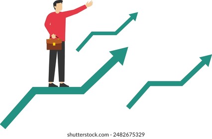 Positive growing business or ambition to win investors concept, stock market price skyrocketing in bull market, confident businessman riding green chart with fast speed going up.