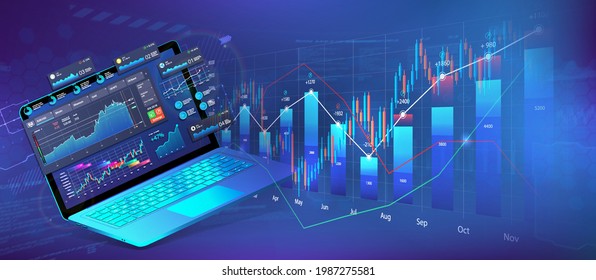 Positive growth dynamics, the trend is going up. Laptop with dashboard and growing charts from it. Analysis of business, strategies and solutions for companies to grow and increase profits. Vector