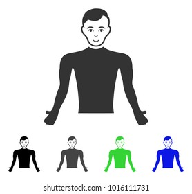 Positive Guy Body vector pictograph. Vector illustration style is a flat iconic guy body symbol with grey, black, blue, green color versions. Human face has gladness emotions.