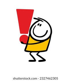 Positive guy holds a big red exclamation mark in his hands. Vector illustration to draw attention to important information. Doodle cartoon stick man character isolated. 