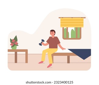 Positive guy pumping his arms with dumbbells on bed. People doing sports at home. Morning workout to loss weight. Active and healthy lifestyle. Vector illustration
