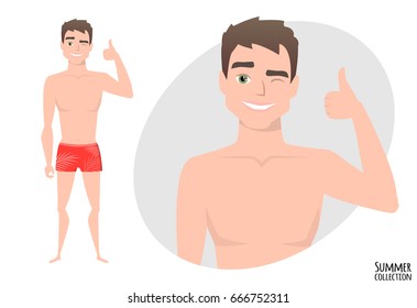Positive guy smiling and recommended. Happy man in a beach swimming trunks. Laughing man showing thumbs up.