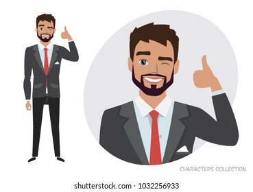 Positive guy smiling and recommended. Laughing man showing thumbs up
